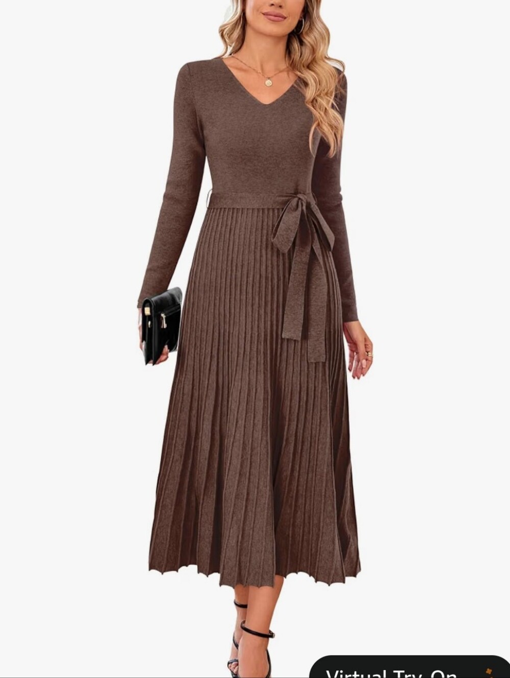 Women’s V-Neck Long Sleeve Brown Pleated Dress